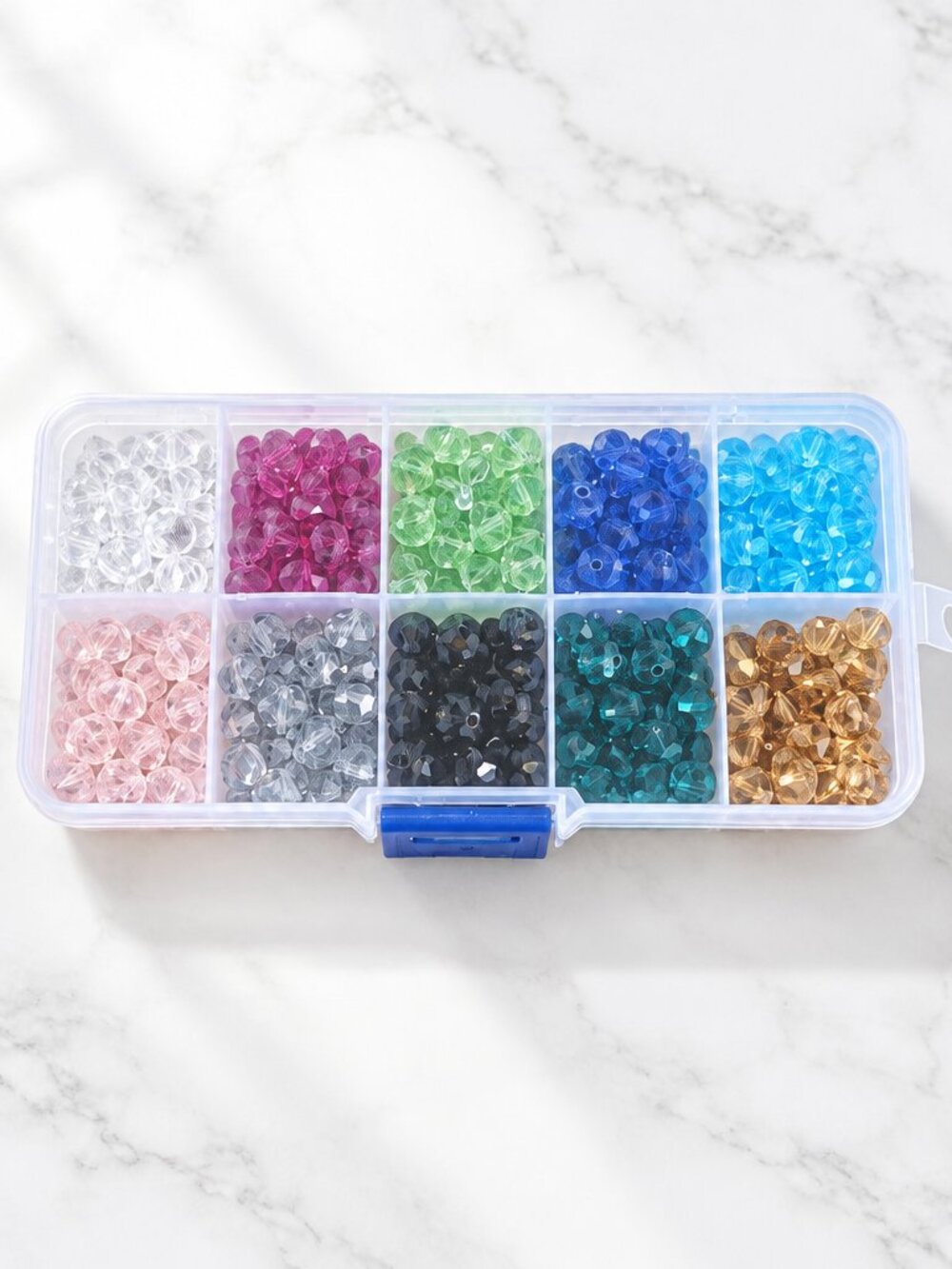 Set of 10 Faceted Glass Beads in Various Colors in Closed Plastic Box